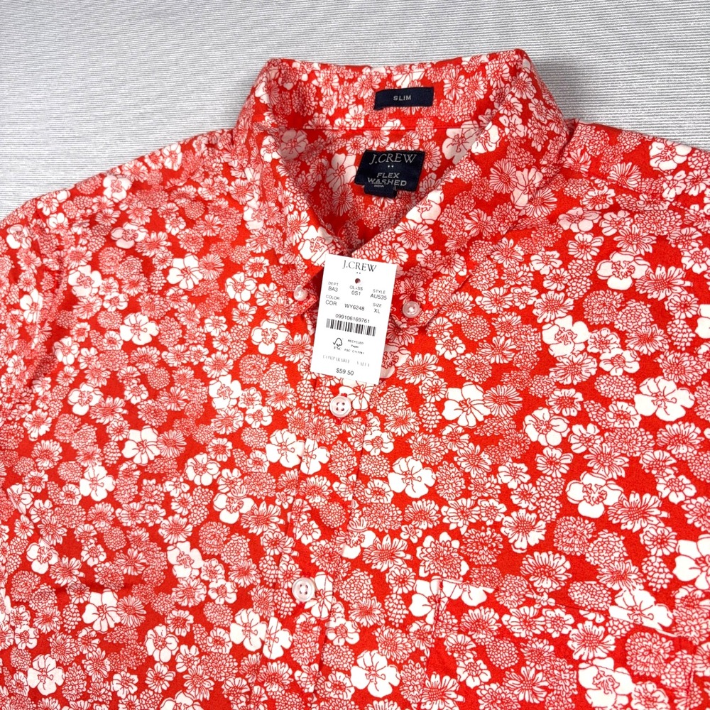 J Crew Flex Washed Slim Fit Shirt Mens Size XL Coral Floral Short Sleeve NEW